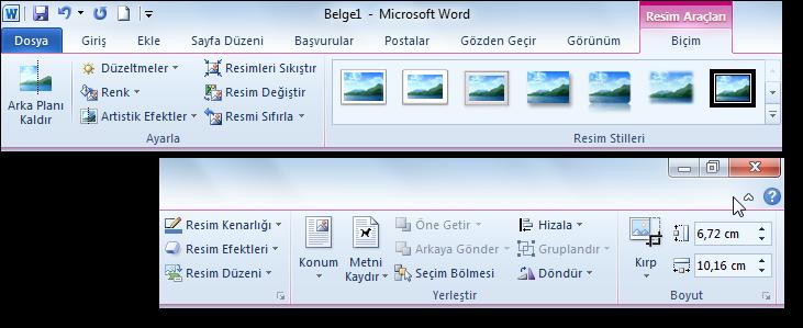 öğeler sunmuştur. Word bu konuda yenilikler sunmaktadır. Eklenen resim seçildiğinde şeritte Biçim ek sekmesi belirir.