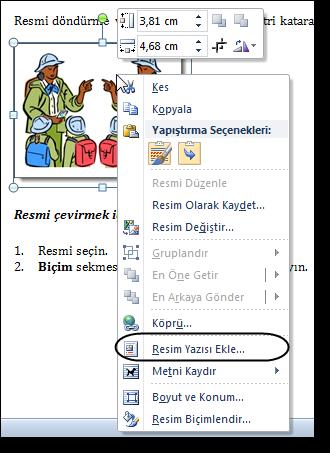 veya fare işaretçisi kısayol menüsündeki (yanda) Resim Yazısı Ekle komutuna tıklandığında açılan Resim Yazısı iletişim kutusundan önce nesnenin etiketi (Şekil, Tablo veya Grafik), sonra da etiketin