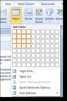 Word belgelerine bu tür nesneleri eklemek için kullanılan sekme Ekle sekmesidir. 4.1.Tablolar Word de belgeye tablo eklemek için Ekle sekmesi kullanılmaktadır.