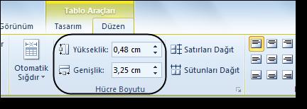 oka dönüşen fare işaretçisini tıklayarak istenilen yöne sürüklemektir. Aynı işlem Düzen bağlamsal sekmesinde bulunan Hücre Boyutu komut grubundan daha hassas olarak yapılabilir.