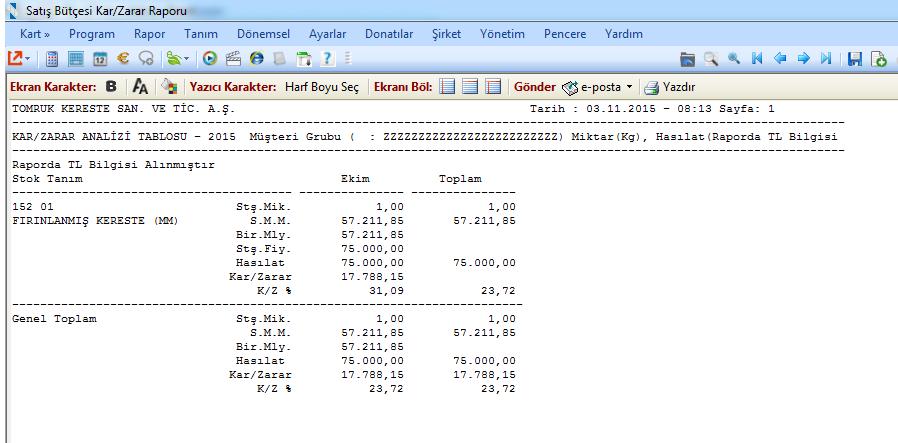 Sistemde Satış İşlemi yapılmış ve bunun sonucunda oluşan K/Z