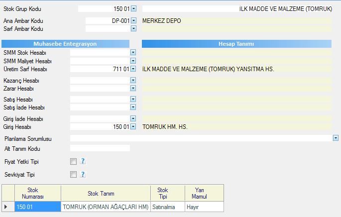 HAMMADDE, YARIMAMUL VE MAMUL MADDE MUHASEBE BAĞLANTI HESAP KOD TANIMLAMA (STOK GRUPLARI) Hammadde Muhasebe Bağlantı Hesap Tanımları Üretime sarf edilen