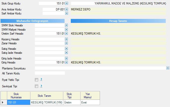 Yarımamul Muhasebe Bağlantı Hesap Tanımları Üretime sarf edilen Yarımamul