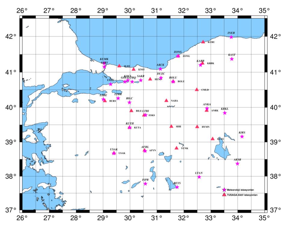 TUSAGA-Aktif in GNSS Meteorolojisi Ağı Olarak Kullanılması Sıcaklık (GPT) modelinde olduğu gibi bu parametreler küresel harmonik fonksiyonlar ile enterpolasyon sonucu türetilebilir (Böhm et al.