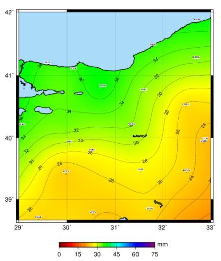 TUSAGA-Aktif in GNSS Meteorolojisi Ağı Olarak Kullanılması (a) (b) (c) (d) (e) Şekil 2: Test alanında1 Ağustos 2013 tarihindeki PWV değerleri