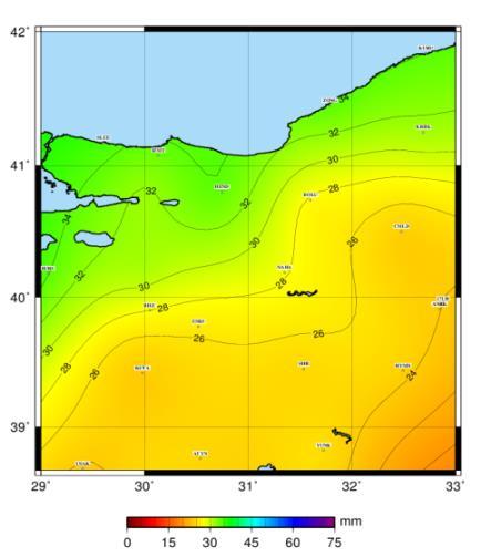 Dönüşüm sırasında kullanılan meteorolojik parametreler küresel harmonik fonksiyonlar ile enterpole edilmiştir.