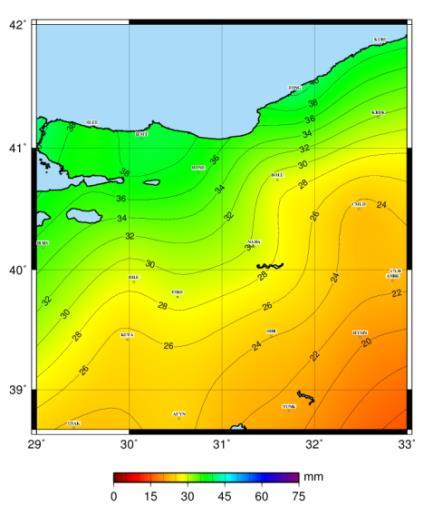 = ± % 14,88 olarak bulunmuş olup PWV kestirimi sonucunda ise PWV değerlerinin hataları ± 0,50 mm ile 1,32mm değerleri arasında elde edilmiştir.