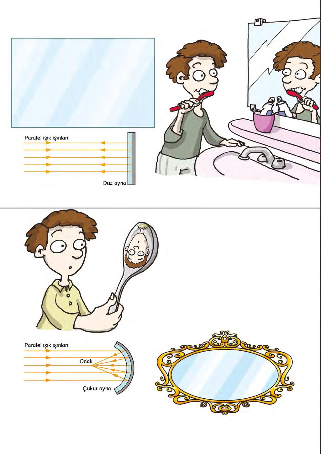 Çeşit Çeşit Ayna Var Düz ayna Bu ayna en yaygın olarak kullanılan aynadır. Düz aynadan yansıyan cismin görüntüsü cisimle aynı boyda ve aynı görünümdedir.