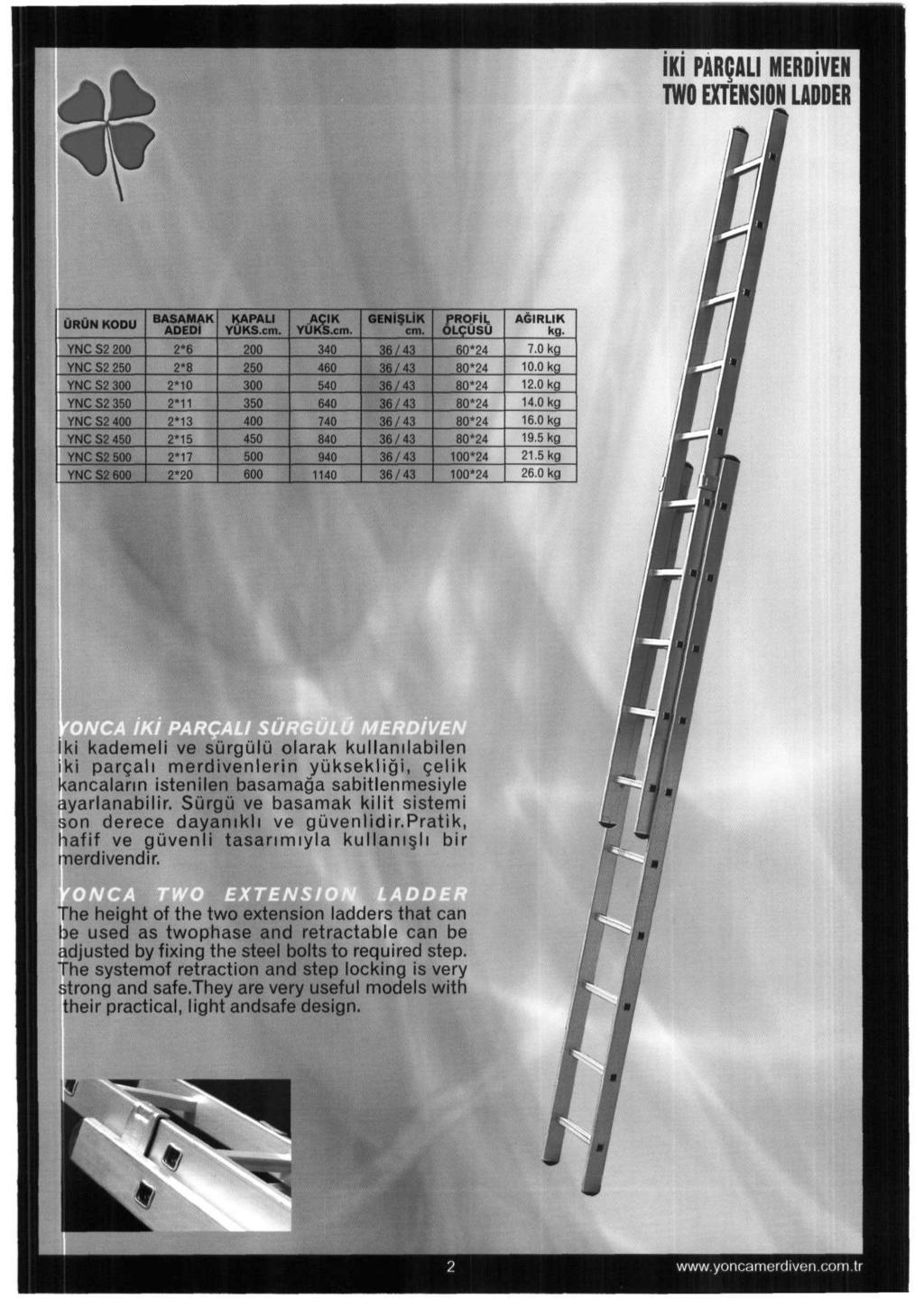 IKI PARQALI MERDJVEN TWO EXTENSION LADDER URUN KODU BASAMAK ADEDI KAPALI ACIK GENiSUK cm. PROFiL OLCUSU AGIRLIK kg.