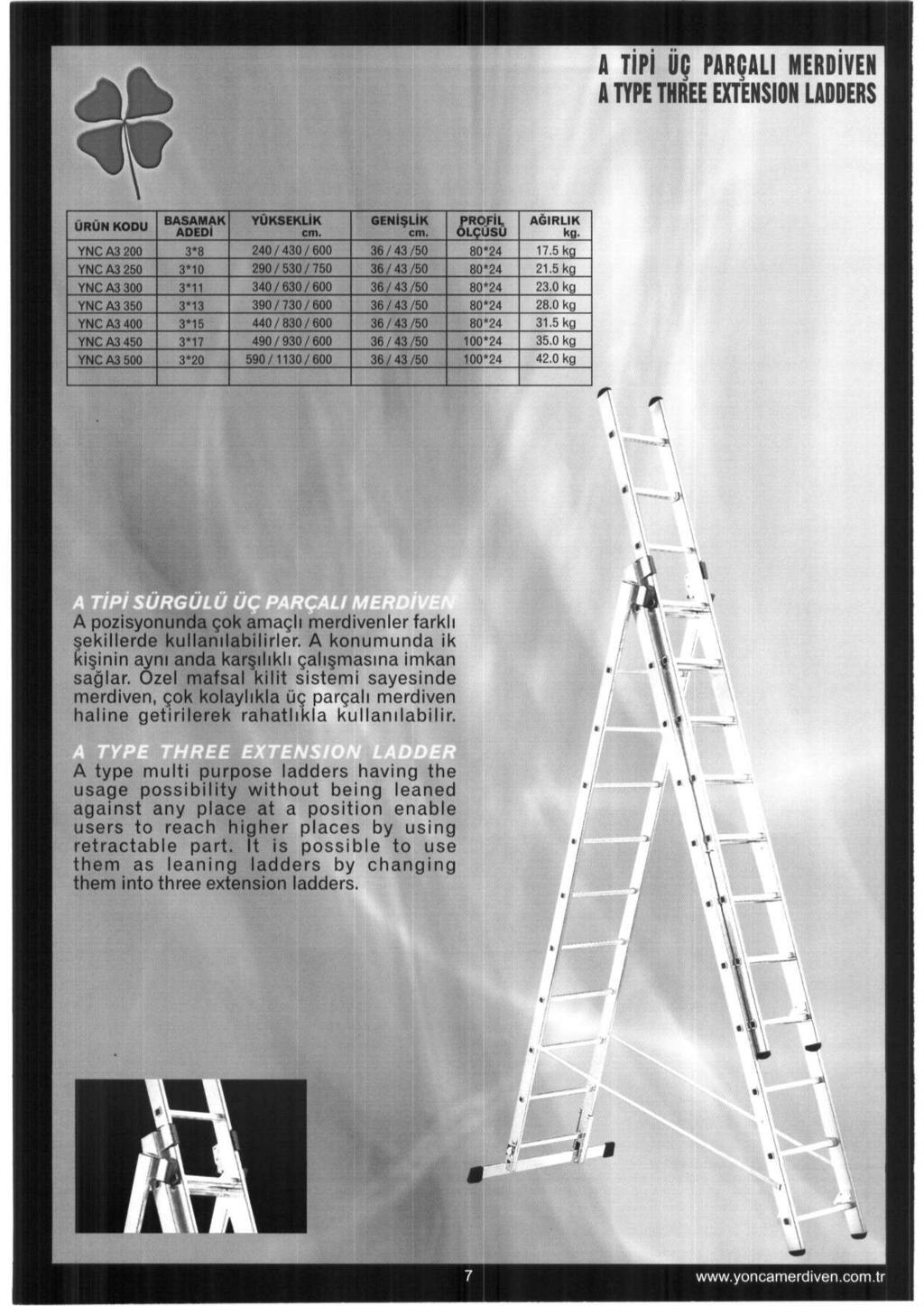 Д TIPI UC PARgALI MERDiVEN A TYPE THREE EXTENSION LADDERS URLIN KODU YNC A3 200 YNCA3 250 YNC A3 300 YNC A3 350 YNC A3 400 YNC A3 450 YNC A3 500 BASAMAK ADEDi 3*8 3*10 3*11 3*13 3*15 3*17 3*20