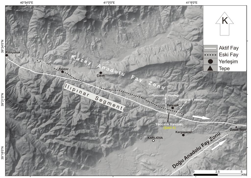 Taylan SANÇAR, H. Serdar AKYÜZ Şekil 3. KAFZ nin en doğu ucu olan Ilıpınar Segmenti nin geometrisi ve civarındaki diğer tektonik hatlar. Figure 3.