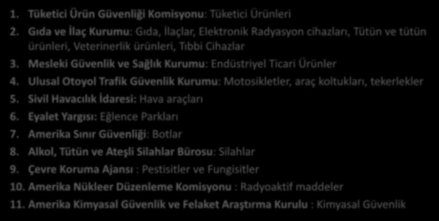 ABD Görev dağılımı, ürünün kullanım yerini, kullanıcısını, kuruluşların temel misyonlarını gözetmektedir! 1. Tüketici Ürün Güvenliği Komisyonu: Tüketici Ürünleri 2.