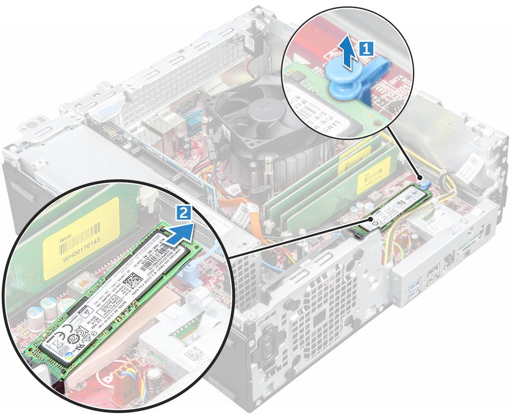 M.2 PCIe SSD'yi takma 1 M.2 PCIe SSD'yi konektöre takın. 2 M.2 PCIe SSD'yi sabitlemek için mavi tırnağa bastırın.