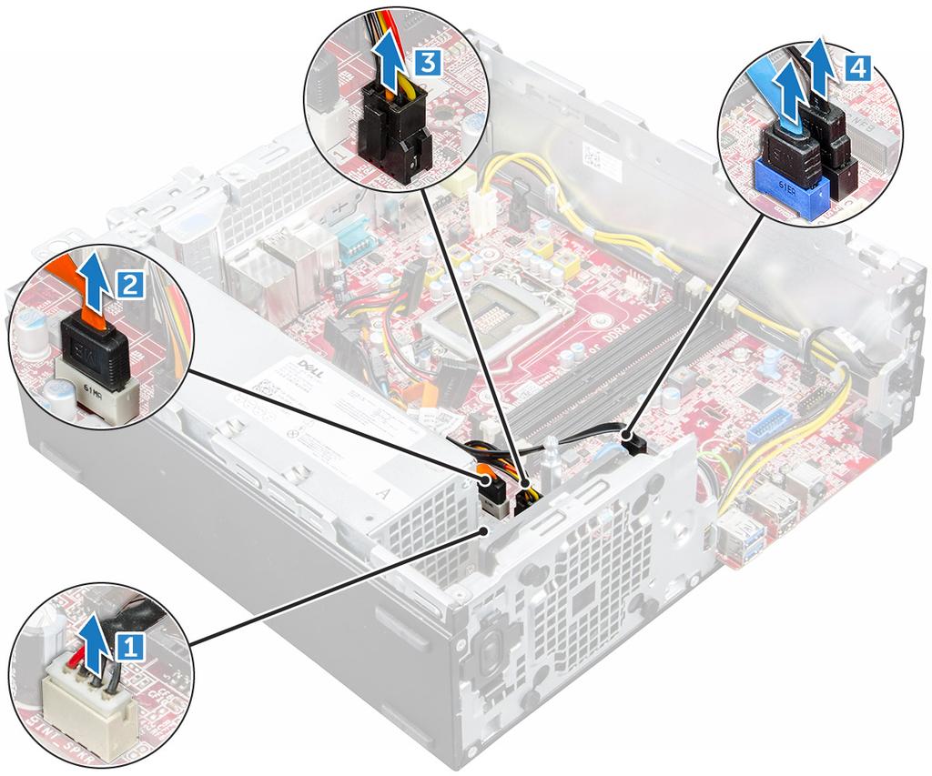 5 Aşağıdaki kabloların bağlantısını kesin ve sistem kartından sökün: a PSU [1] b sabit sürücü ve optik sürücü kutusu