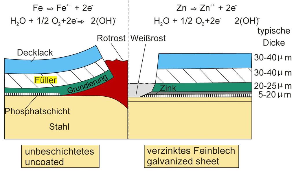 Lak tabakası Kızıl pas Beyaz pas Tipik kalınlıklar Dolgu Çinko Fosfat tabakası Çelik