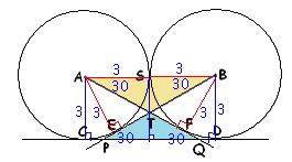S noktasında dıştan teğet A ve B merkezli çemberlerin yarıçapları br.dir. A ve B den diğer çemberlere çizilen teğetler CD dış ortak teğeti P ve Q da, birbirlerini T de kesmektedir.
