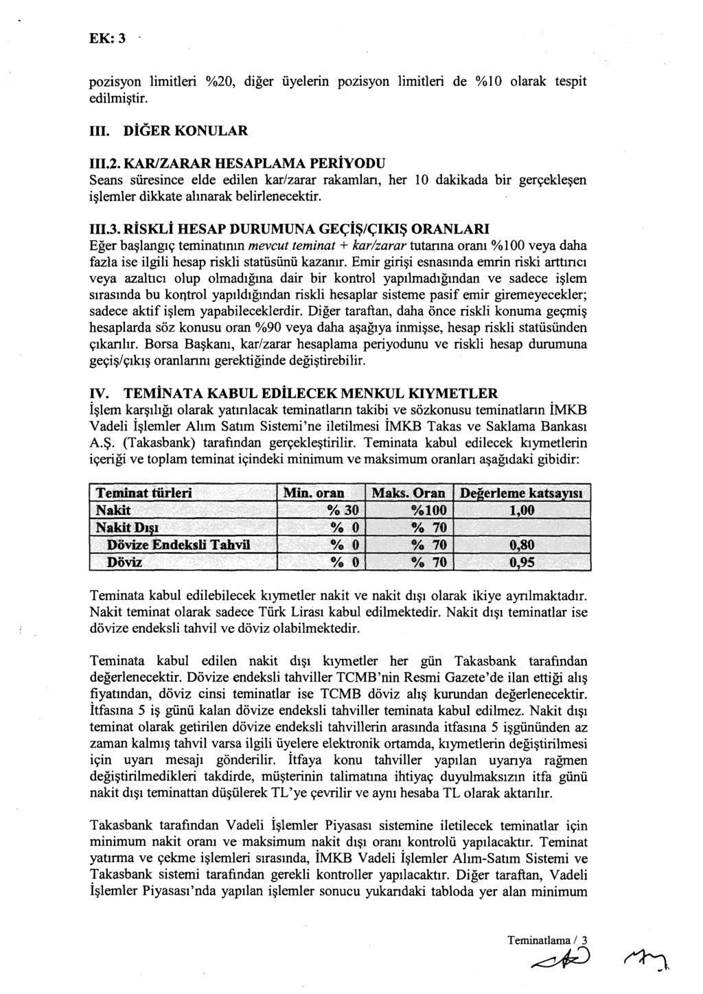 pozisyon limitleri %20, diğer üyelerin pozisyon limitleri de %10 olarak tespit edilmiştir. III. DİĞER KONULAR 111.2. KAR/ZARAR HESAPLAMA PERİYODU Seans süresince elde edilen kar/zarar rakamları, her 10 dakikada bir gerçekleşen işlemler dikkate alınarak belirlenecektir.