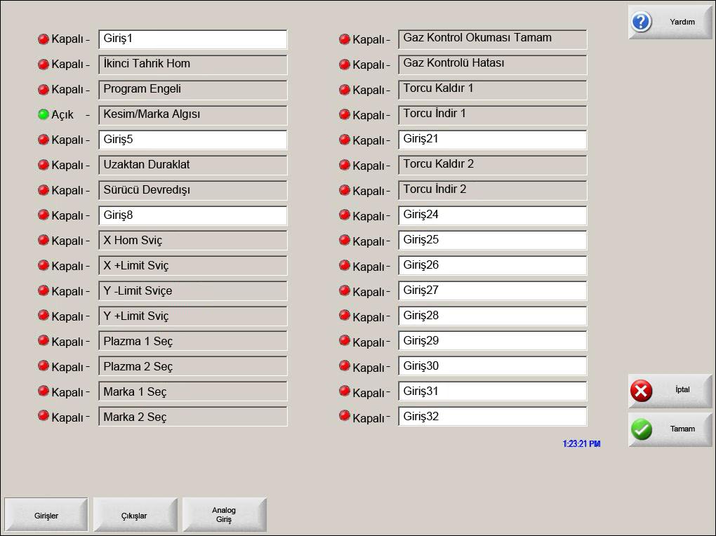 8 - Diyagnostik G/Ç Girişler Bu test, CNC deki optik olarak izole edilmiş gizli girişlerin tümünün durumunu sürekli olarak izler ve görüntüler.