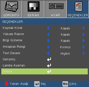 Kullanıcı Kontrolleri SEÇENEKLER Kaynak Kilidi Açık: Projektör yalnızca o anki giriş bağlantısını arar. Kapalı: Güncel giriş sinyali kaybedilirse projektör diğer sinyalleri arayacaktır.