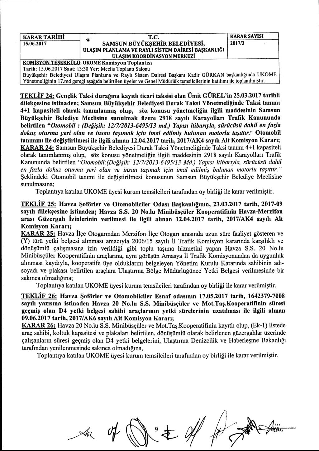 KARAR TARİHİ * TEKLİF 24: Gençlik Taksi durağına kayıtlı ticari taksisi olan Ümit GÜREL'in 25.03.