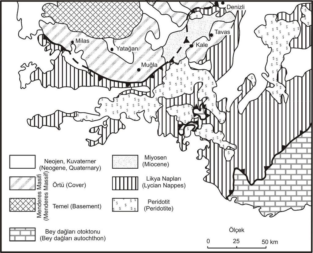 Şekil 2: Güneybatı Türkiye önemli jeolojik birliklerin dağılımı (Okay, 1989).
