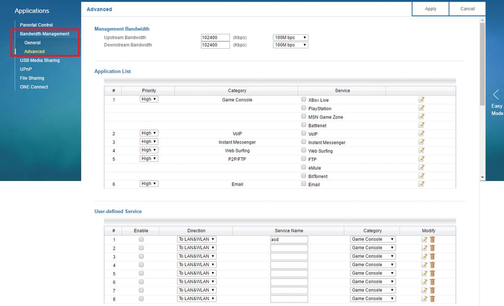 Bandwidth Management (Bantgenişliği Yönetimi) 'Bandwidth Management' sekmesinde 'General' menüsü altında bantgenişliği yönetimini aktifleştirebilir ya da devre dışı bırakabilirsiniz.