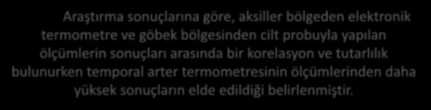 Sonuç- Öneri Araştırma sonuçlarına göre, aksiller bölgeden elektronik termometre ve göbek bölgesinden cilt probuyla yapılan ölçümlerin sonuçları arasında bir