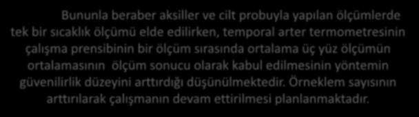 Bununla beraber aksiller ve cilt probuyla yapılan ölçümlerde tek bir sıcaklık elde edilirken, temporal arter termometresinin çalışma prensibinin bir ölçüm sırasında