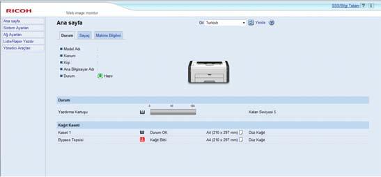 2. Kağıt Teknik Özellikleri ve Kağıt Ekleme Web Image Monitor'ü Kullanarak Kağıt Tipini ve Kağıt Boyutunu Belirleme Bu bölümde kağıt boyutları ve türlerinin Web Image Monitor kullanılarak nasıl