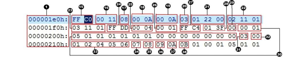 Uygulama 1 bölümü başlangıcı - 4 03 A2 HDR uzunluğu - 5 45 78 69 66 00 JFIF dizisi - 6 00 4D Büyük ve küçük uyarlama kimlikleri (ID leri) - 7 4D