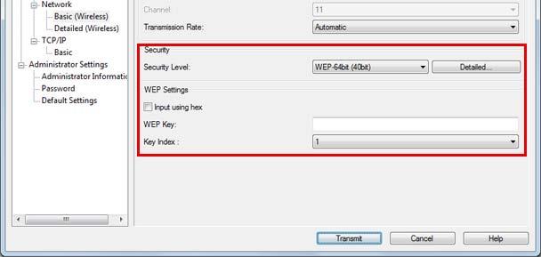 Kurulum Ayarlar Communication Mode: SSID: Transmission Rate: Security Level: Açıklama Infrastructure şıkkını seçin. SSID ayarını yapın. Maksimum değer 32 alfasayısal karakterdir. Aktarım hızını seçin.