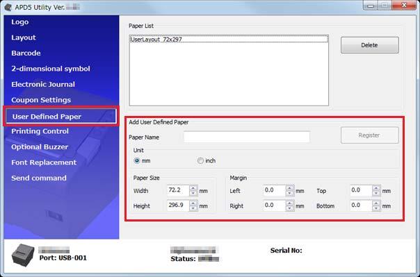 Yazıcı Sürücüsünü Kullanma A Kullanıcı tanımlı kağıt ayarlamak için APD5 utility programının User Defined Paper (Kullanıcı Tanımlı Kağıt) seçeneğini seçin.