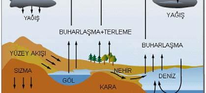 Denizler, göller, akarsular, nemli topraklar, karla örtülü veya buzla kaplı yüzeyler, ormanlar, bitki örtüsüne sahip araziler üzerinde devamlı buharlaşma meydana gelmektedir.