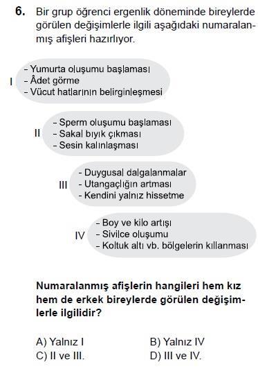 TEOG SINAV SORUSU-6 ANABİLİM TEOG-1 13. Aşağıdaki tabloda ergenlik dönemine giren erkek ve kızlarda görülen bedensel değişimler verilmiştir.