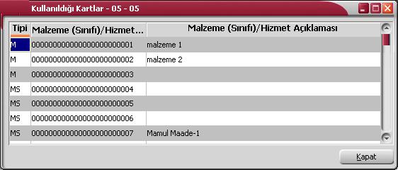 Kullanıldığı Kartlar Birim setlerinin kullanıldığı malzeme sınıfı ve malzeme kartlarının görüntülendiği seçenektir.