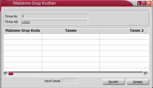 Malzeme Grup Kodları Malzeme grupları seçeneği ile malzeme ya da malzeme sınıflarını gruplandırmak için kullanılacak grup kodları tanımlanır. Grup kodları Ana Kayıtlar menüsünün altında yer alır.