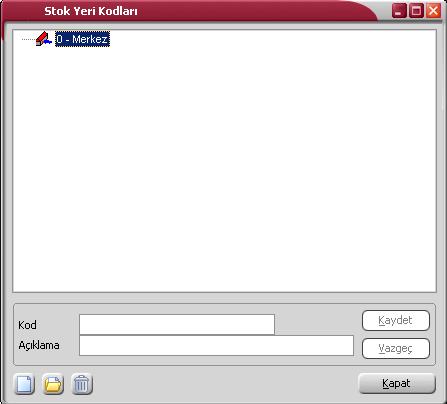 Stok Yeri Kodları Malzeme ya da malzeme sınıfına ait malların ambarlardaki yerleşim bilgileri, Ana Kayıtlar menüsü altında yer alan Stok Yeri Kodları seçeneği ile kaydedilir.