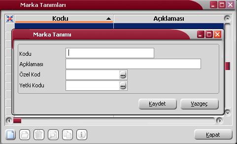 Marka Bilgileri E-Ticaret uygulamalarında kullanılacak marka bilgileri marka tanımları listesinde Ekle seçeneği ile açılan marka tanım penceresinden kaydedilir. Marka Kodu: Marka kayıt kodudur.