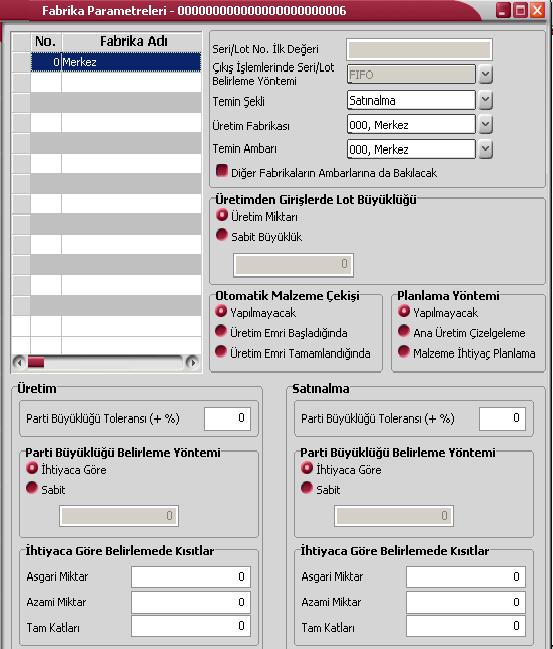 Malzeme/Malzeme Sınıfı Fabrika Parametreleri Üretim ve kaynak yönetim sisteminin kullanılması durumunda, fabrika öndeğerlerini belirlemek için malzeme/malzeme sınıfı kartı üzerinde F9/sağ fare tuşu