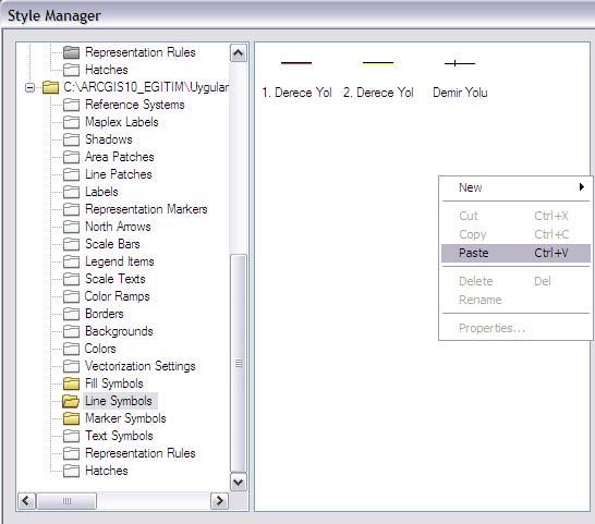 kopyalayınız. Style Manager da Jeoloji Style kütüphanesine geçerek Line Symbol içerisine Paste fonksiyonu ile yapıştırınız.