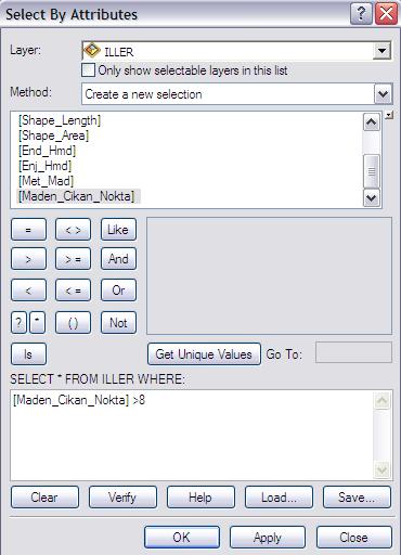 9. Açılan pencerede Layer kısmını ILLER katmanı, Method u Create a new selection olacak şekilde ayarlayınız. Üsteki pencerede katmana ait field isimleri listelenmektedir.