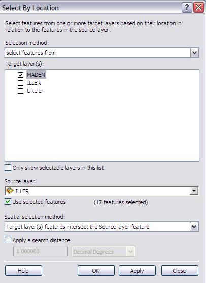 13. Main Menu Bar da Selection menüsünden tekrar Select By Attributes seçeneğini seçiniz. 14. Layer kısmını MADEN, Method u select from current selection olarak ayarlayınız.