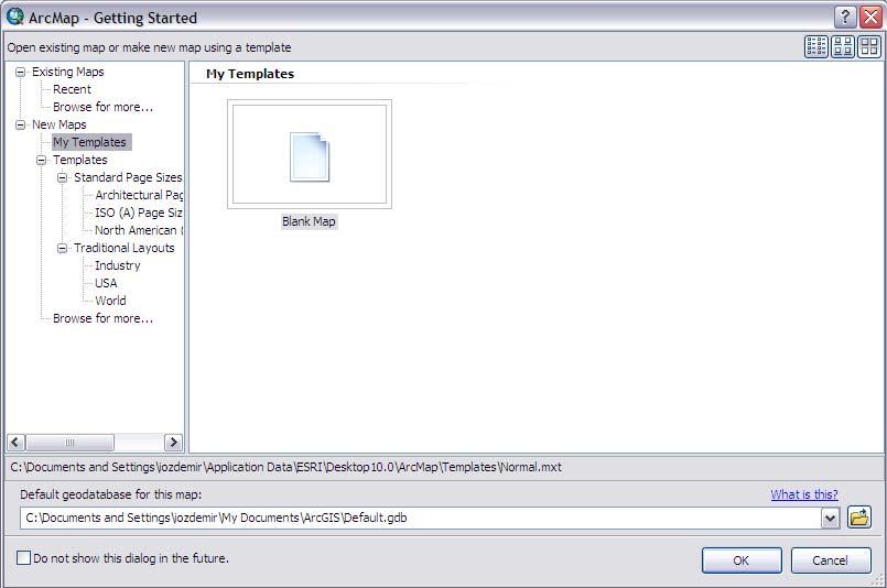 Açılacak olan Blank Map haritası için varsayılan bir geodatabase mevcuttur. ArcGIS Desktop kurulduktan sonra Default.