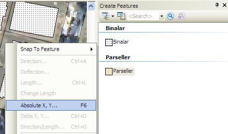 Create Features penceresinde Parseller katmanını seçiniz ve Data View ekranında mouse ile sağ