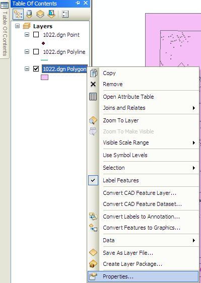 dgn verisinin Polyline, Polygon ve Point katmanları Add Data butonu ile ArcMap ortamına eklenip mxd olarak kaydedilmiştir.