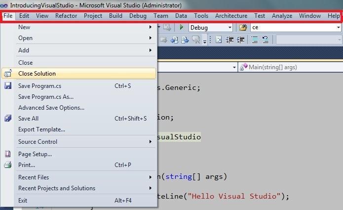 Visual Studio kullanırken bütün ekranlarda gördüğün menüler komut ve pencerelere erişim için kolaylık sağlar. Bu menüler yardımıyla Visual Studio nun gücünden faydalanabilirsin.