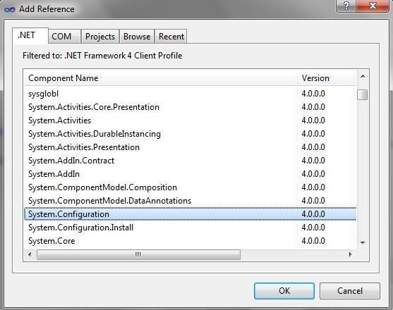 .NET sekmesi, çalıştığın bilgisayarda kurulu olan framework ün sahip olduğu bütün assembly leri listeleler. Bunlardan istenen dll dosyası seçilip OK butonuna basılır.