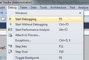 Visual Studio üst menüsünde Debug Start Debugging tıklanarak hem uygulama çalıştırılmış olur, hem de kod içerisinde kesme işaretiniz (breakpoint) varsa program çalışıp o satırda çalışmayı duraksatır