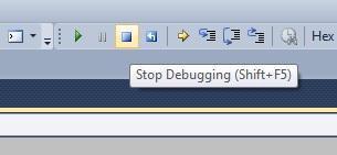 Kodu Debug ederken istenen anda vazgeçebilir ve programı sonlandırabilirsin. Bunu yapmak için Visual Studio da üst kısımdaki araç çubuğunda yer alan mavi kare işaretine tıklaman yeterlidir.