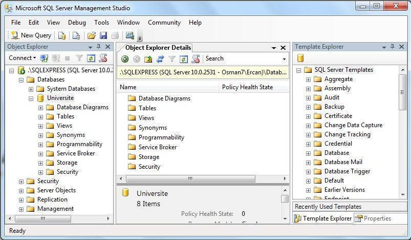 SQL Server Management Studio genel görünümü Object Explorer: Bağlı bulunan SQL Server sunucusu üzerinde bulunan tüm nesneleri (veritabanları, tablolar, kullanıcılar vb.